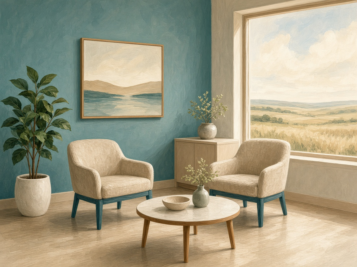 Illustration of a calm office with two chairs and a prairie view