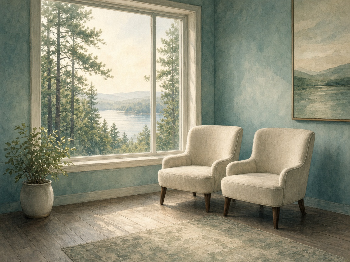 Illustration of a quiet meeting room with two chairs by a window