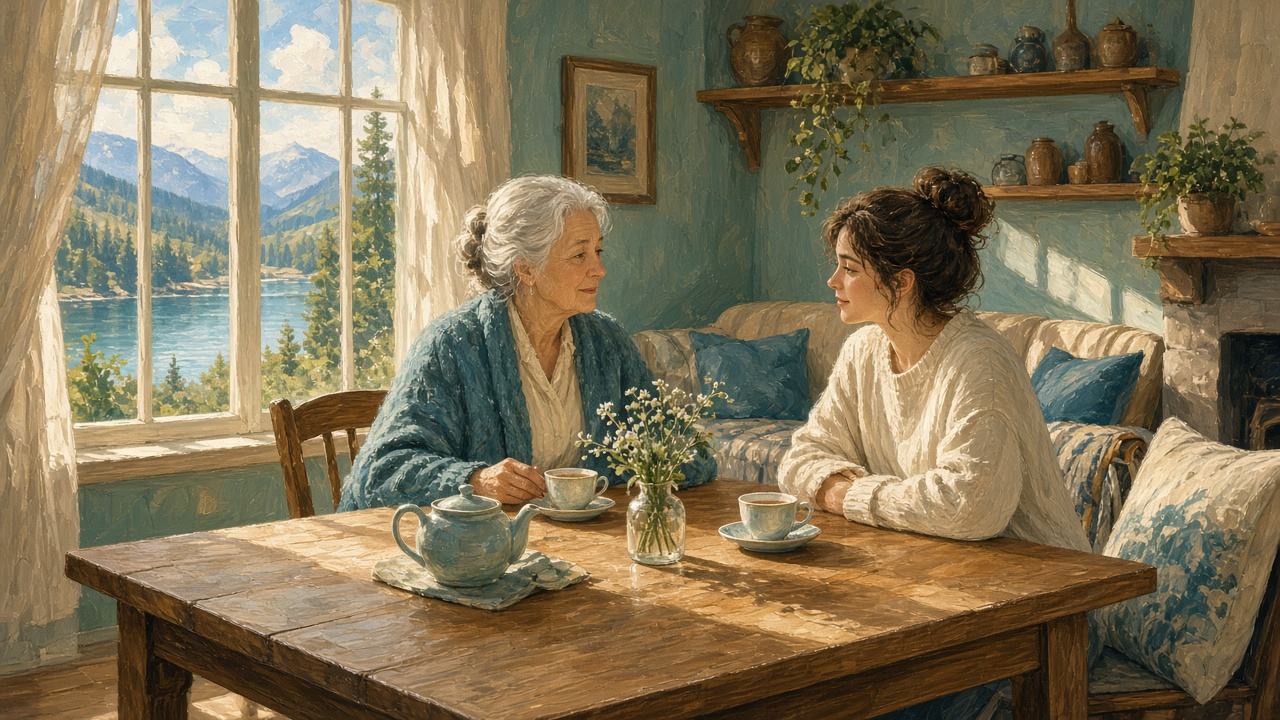 Illustration of an older adult and a companion sharing tea by a window