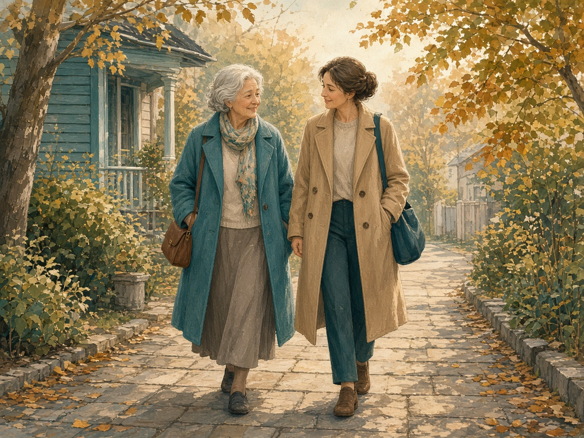 Illustration of an older woman walking with a companion on a quiet street