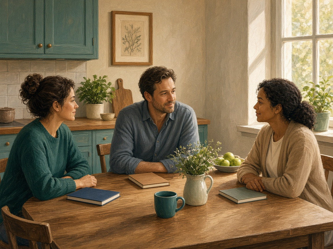 Illustration of three adults talking around a kitchen table